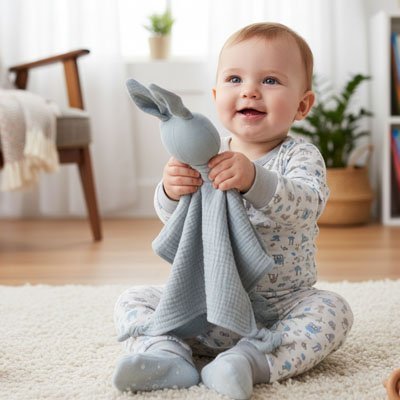 Doudou lapin gris bleu