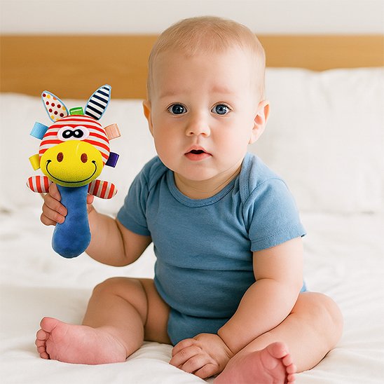 Hochet bébé bleu au lit