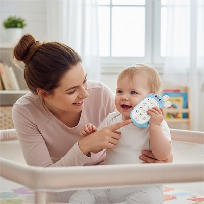 Jouet bebe 1 an maman souriante