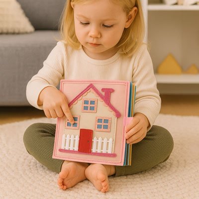 Livre bebe en tissus fenêtre bleu