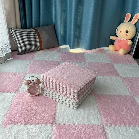 Tapis puzzle rose blanc
